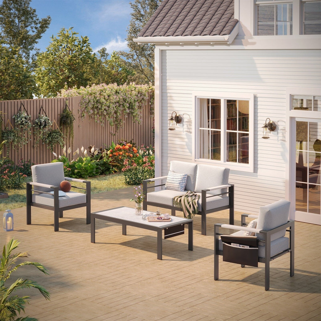 Ensemble de salon de jardin 4 pièces en aluminium pour 4 personnes avec coussins, table basse à LED et causeuse