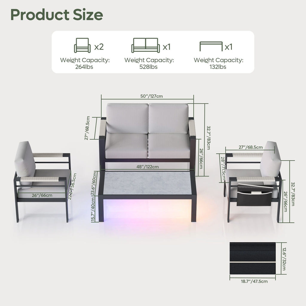 Ensemble de salon de jardin 4 pièces en aluminium pour 4 personnes avec coussins, table basse à LED et causeuse