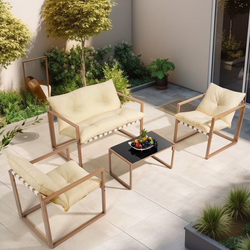 Ensemble de salon de jardin en métal 4 pièces avec coussins