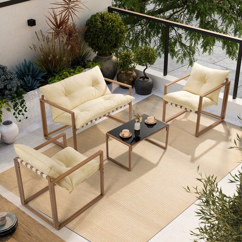 Ensemble de salon de jardin en métal 4 pièces avec coussins