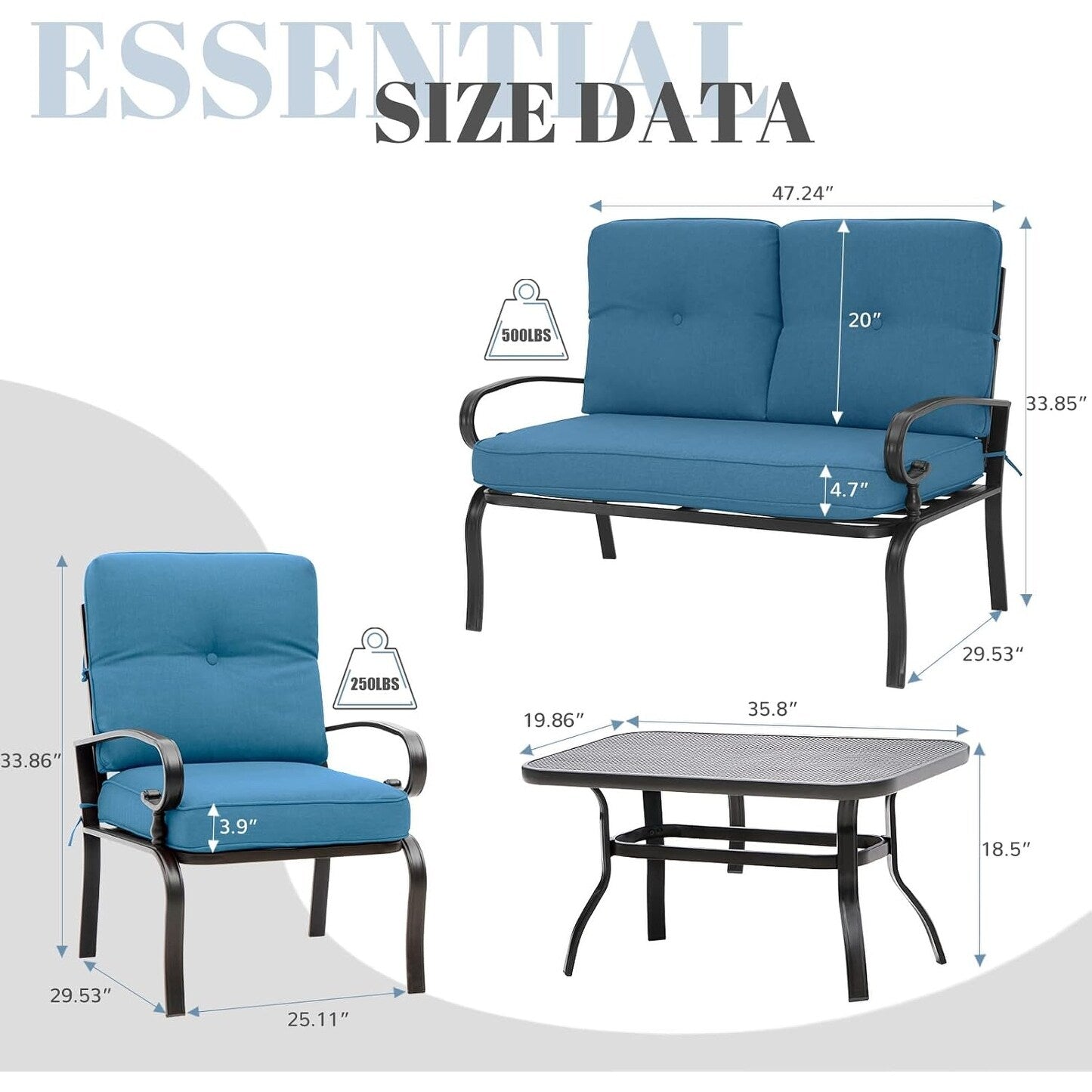 Ensemble de conversation pour patio extérieur en métal 4 pièces