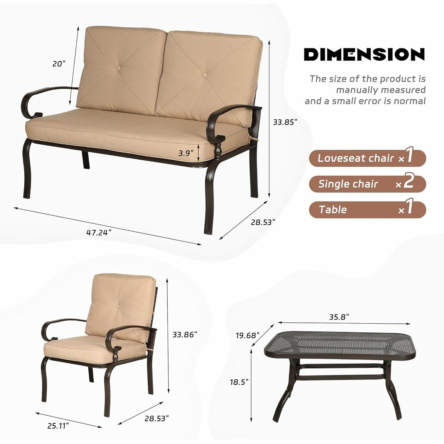 Ensemble de conversation pour patio extérieur en métal 4 pièces