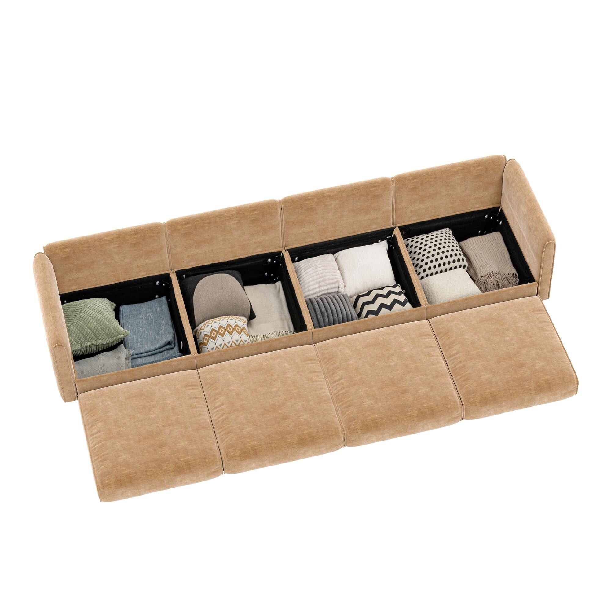 Canapé sectionnel modulaire 4 pièces - Chaise longue avec rangement et dossiers cylindriques, assise profonde