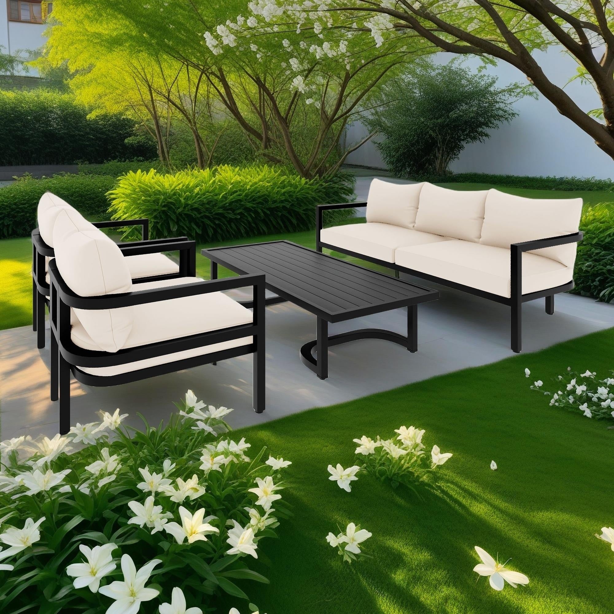 Ensemble de canapés d'extérieur 4 pièces 5 places en acier avec table basse, imperméable, antirouille et anti-UV