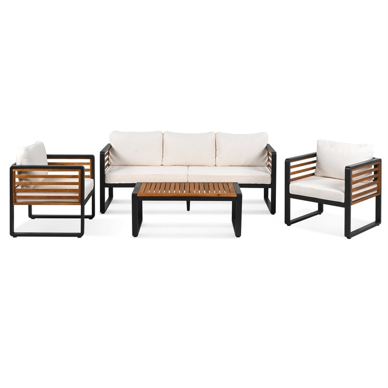 Ensemble de meubles de patio extérieur 4 pièces, ensemble bistro, ensemble de conversation de patio avec table basse et coussin amovible, ensemble de sièges d'extérieur