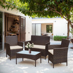 Ensemble de meubles de jardin 4 pièces avec coussins, salon de jardin en osier et table basse en verre