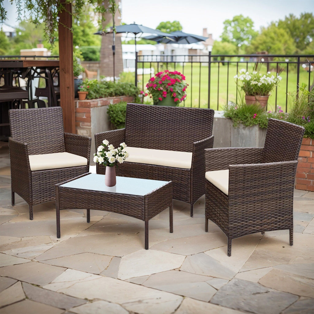 Ensemble de meubles de jardin 4 pièces avec coussins, salon de jardin en osier et table basse en verre