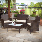 Ensemble de meubles de jardin 4 pièces avec coussins, salon de jardin en osier et table basse en verre