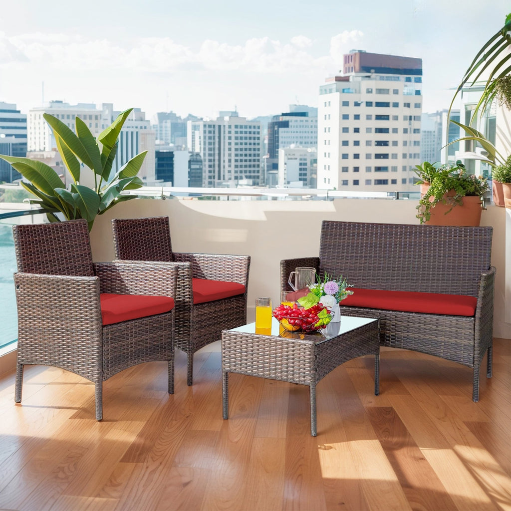Ensemble de meubles de jardin 4 pièces avec coussins, salon de jardin en osier et table basse en verre