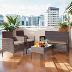 Ensemble de meubles de jardin 4 pièces avec coussins, salon de jardin en osier et table basse en verre