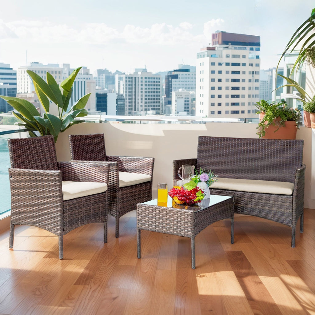 Ensemble de meubles de jardin 4 pièces avec coussins, salon de jardin en osier et table basse en verre
