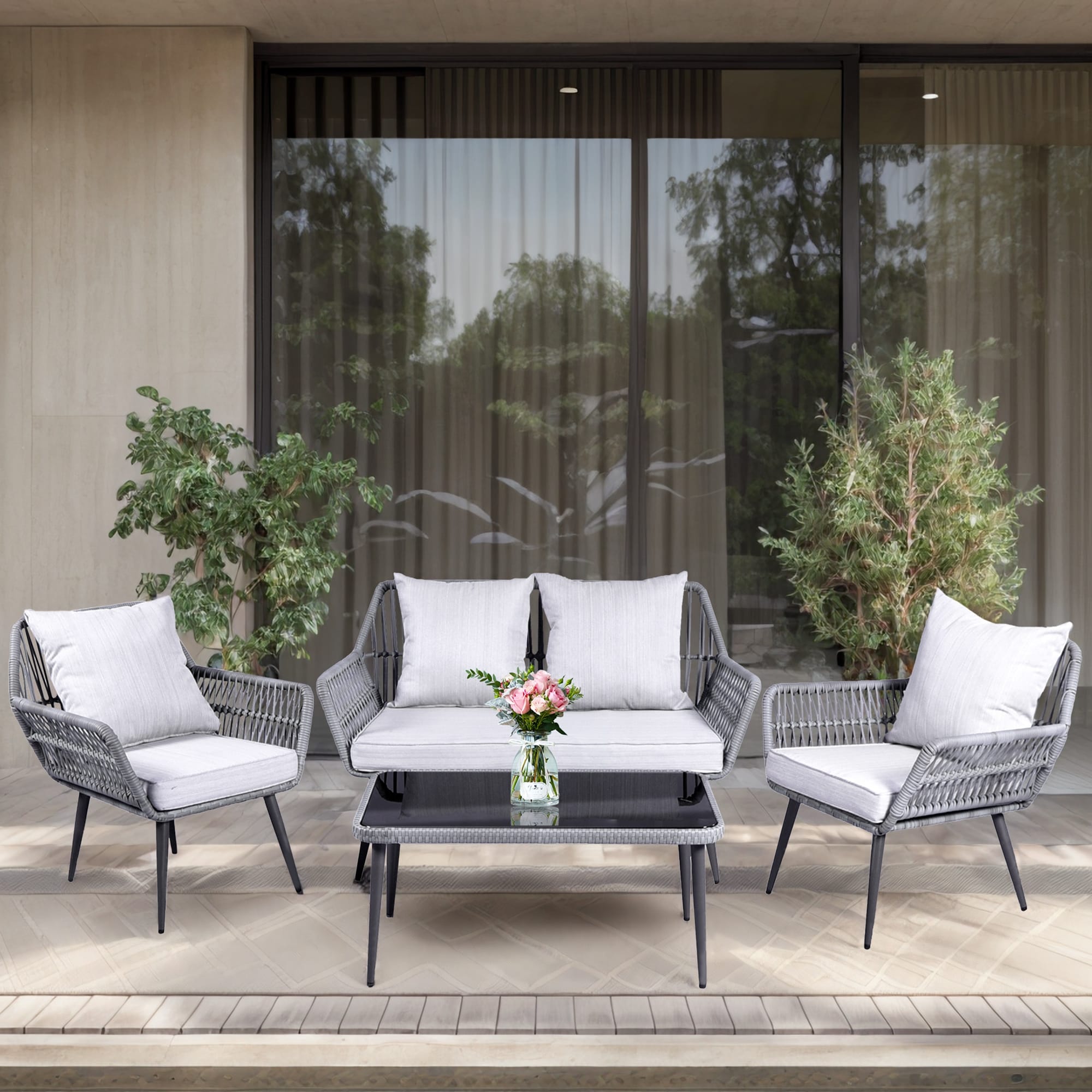 Ensemble de meubles de jardin 4 pièces, salon de jardin en osier pour terrasse, canapé-lit en rotin gris avec coussin et table
