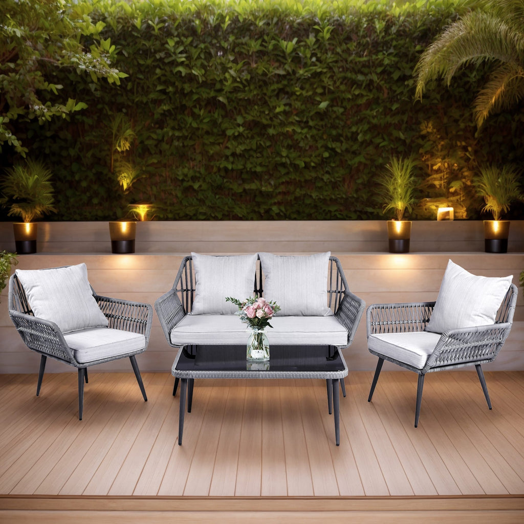 Ensemble de meubles de jardin 4 pièces, salon de jardin en osier pour terrasse, canapé-lit en rotin gris avec coussin et table