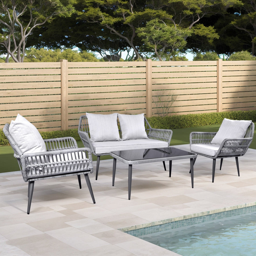 Ensemble de meubles de jardin 4 pièces, salon de jardin en osier pour terrasse, canapé-lit en rotin gris avec coussin et table