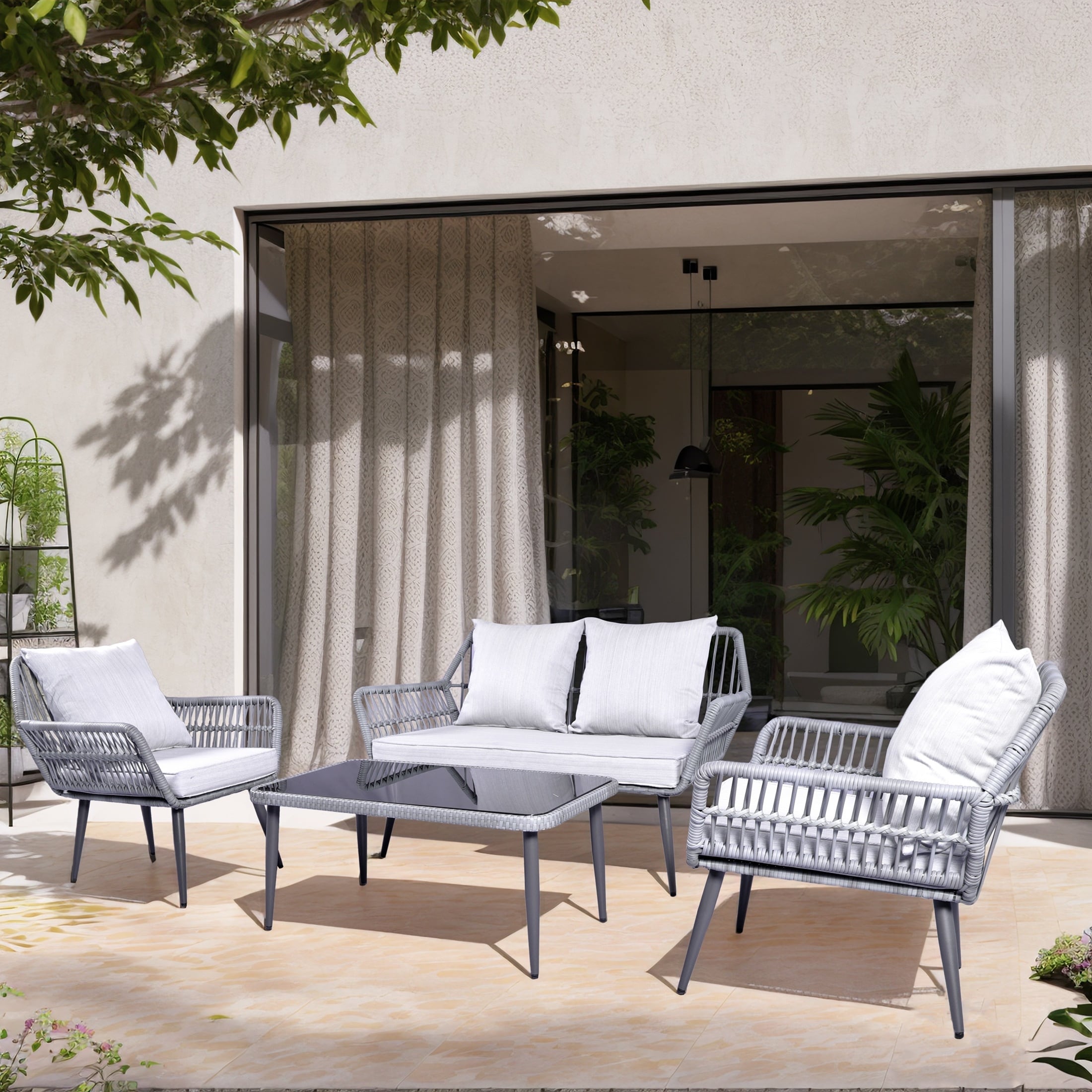 Ensemble de meubles de jardin 4 pièces, salon de jardin en osier pour terrasse, canapé-lit en rotin gris avec coussin et table