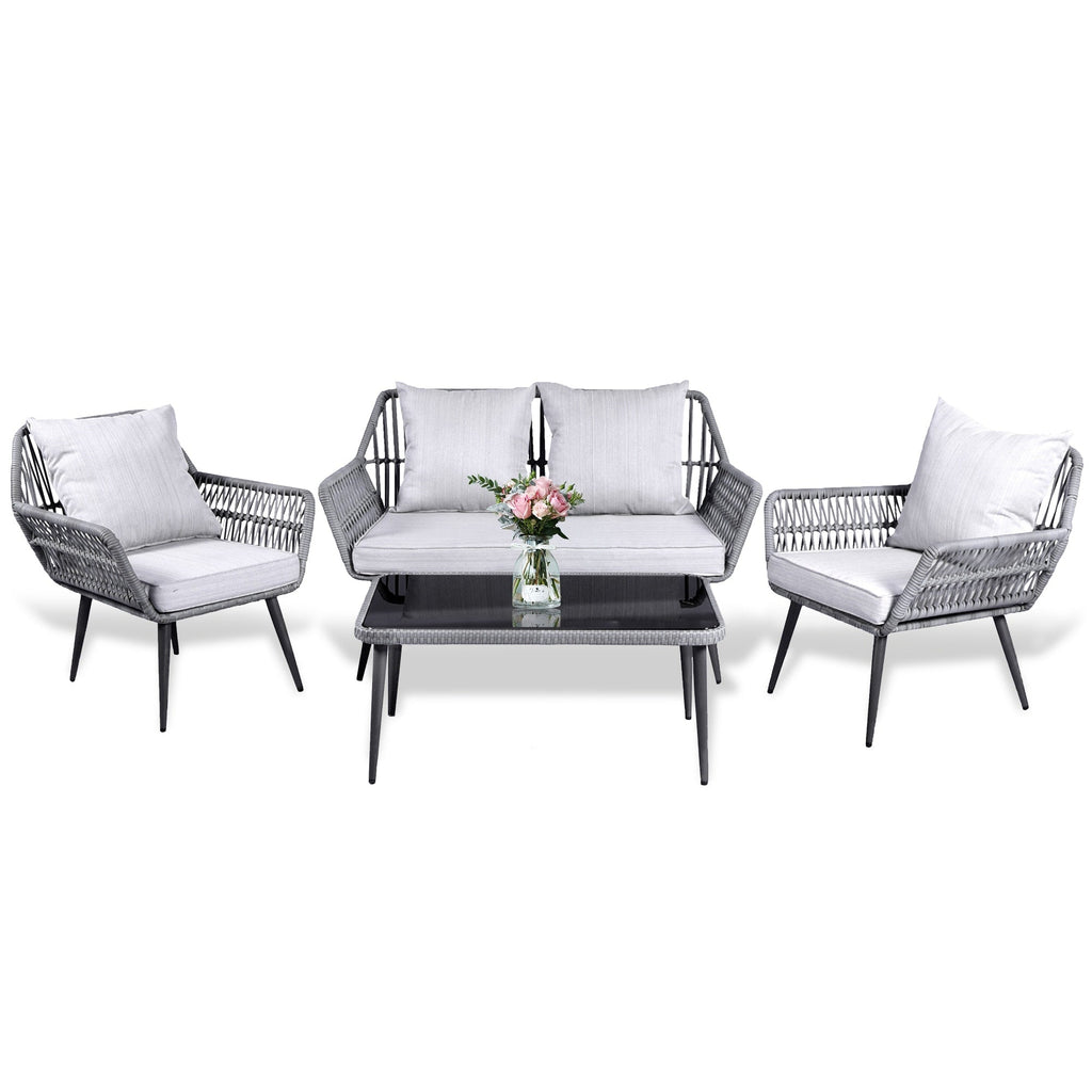 Ensemble de meubles de jardin 4 pièces, salon de jardin en osier pour terrasse, canapé-lit en rotin gris avec coussin et table