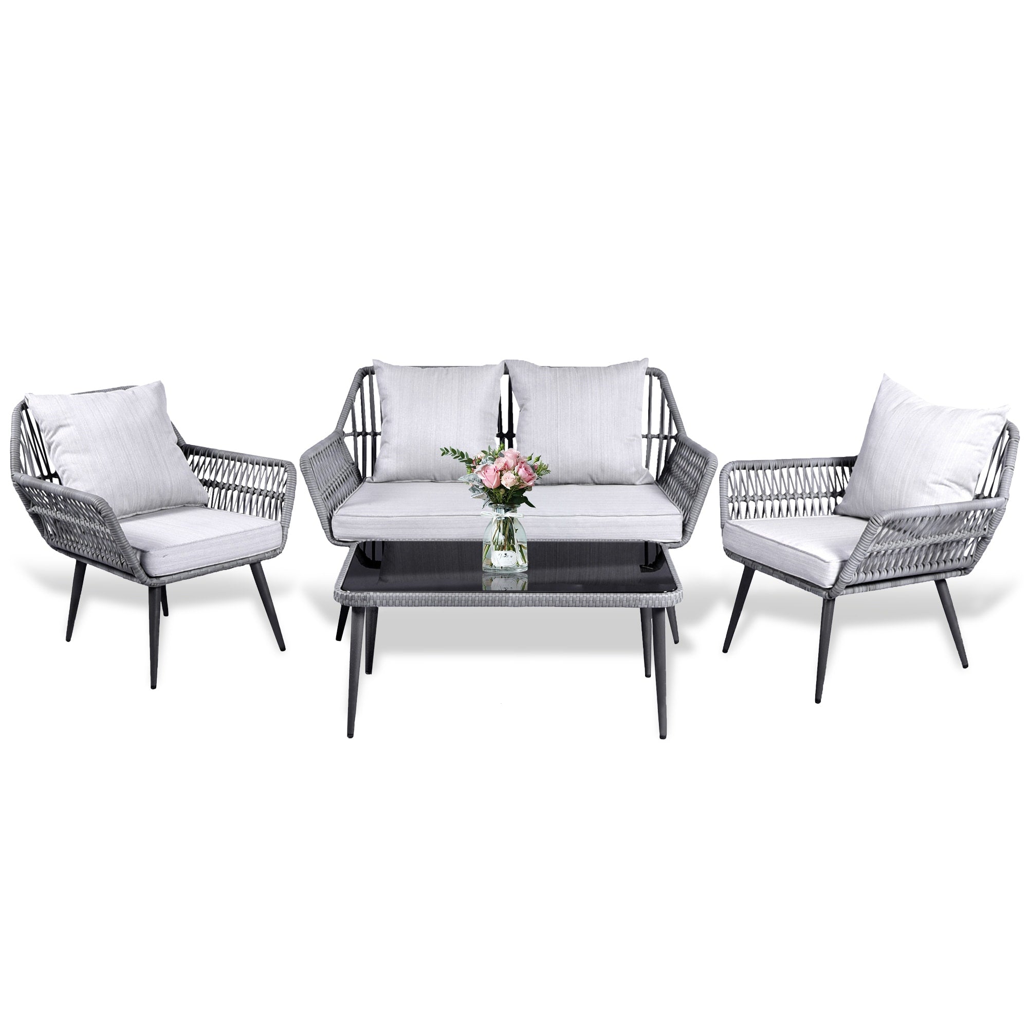 Ensemble de meubles de jardin 4 pièces, salon de jardin en osier pour terrasse, canapé-lit en rotin gris avec coussin et table