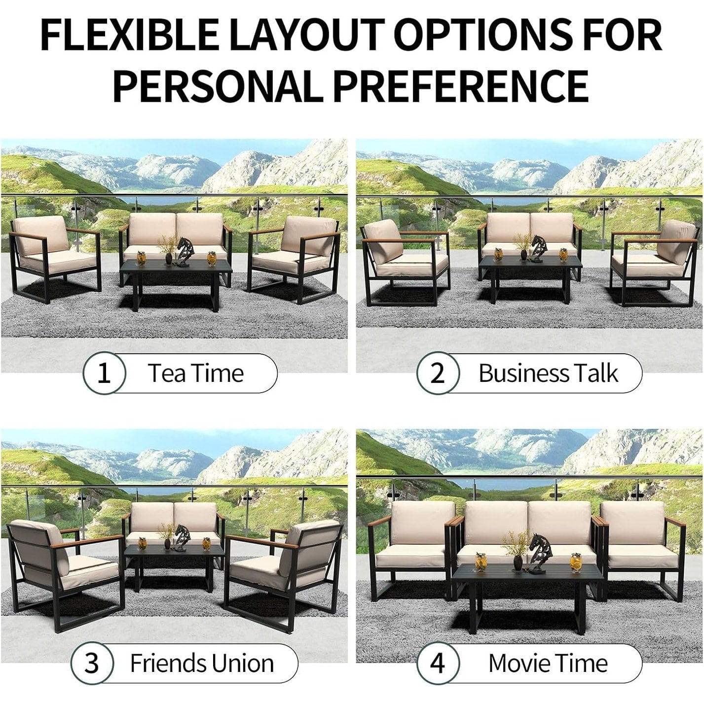 Ensemble de 4 meubles de patio d'extérieur en métal