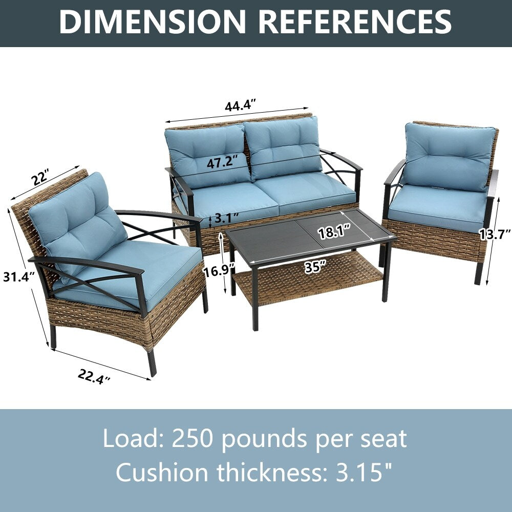 Ensemble de meubles de jardin en rotin 4 pièces, coussins épais et table d'appoint : 1 table, 2 chaises simples et 1 causeuse.