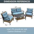 Ensemble de meubles de jardin en rotin 4 pièces, coussins épais et table d'appoint : 1 table, 2 chaises simples et 1 causeuse.