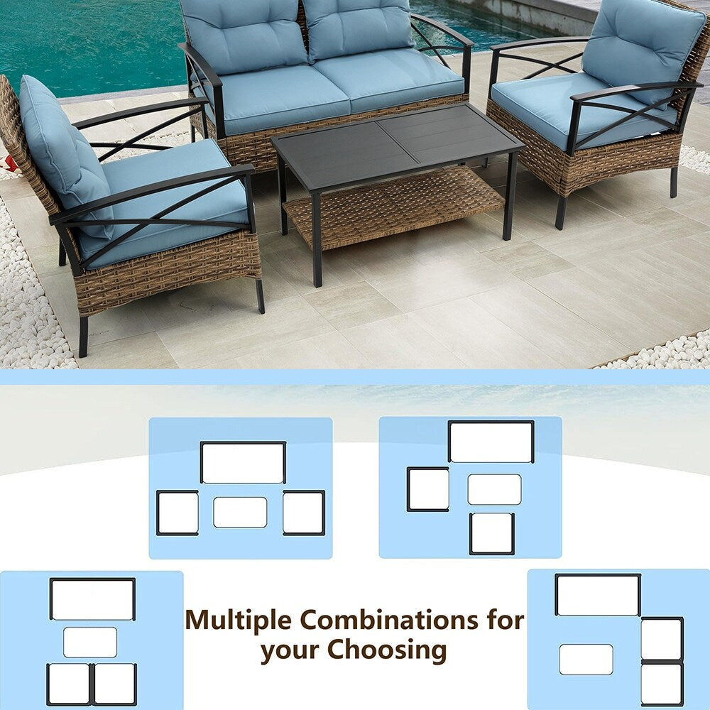 Ensemble de meubles de jardin en rotin 4 pièces, coussins épais et table d'appoint : 1 table, 2 chaises simples et 1 causeuse.