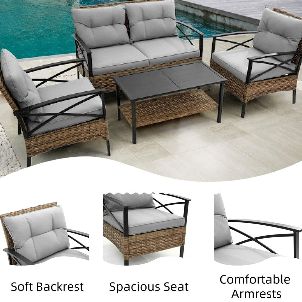 Ensemble de meubles de jardin en rotin 4 pièces, coussins épais et table d'appoint : 1 table, 2 chaises simples et 1 causeuse.