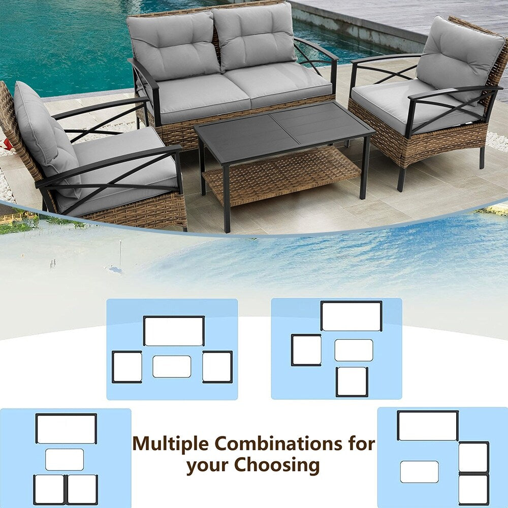 Ensemble de meubles de jardin en rotin 4 pièces, coussins épais et table d'appoint : 1 table, 2 chaises simples et 1 causeuse.