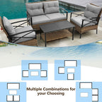 Ensemble de meubles de jardin en rotin 4 pièces, coussins épais et table d'appoint : 1 table, 2 chaises simples et 1 causeuse.