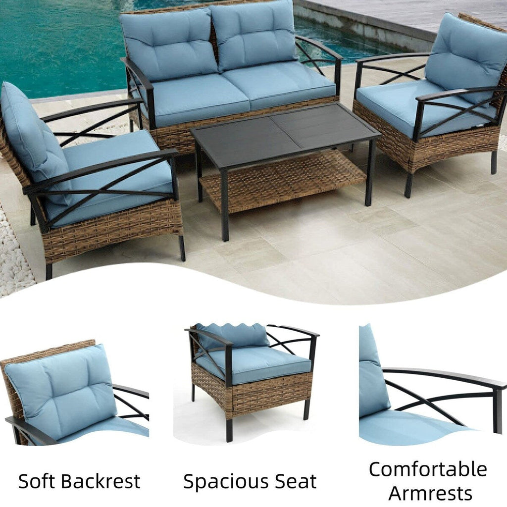 Ensemble de meubles de jardin en rotin 4 pièces, coussins épais et table d'appoint : 1 table, 2 chaises simples et 1 causeuse.