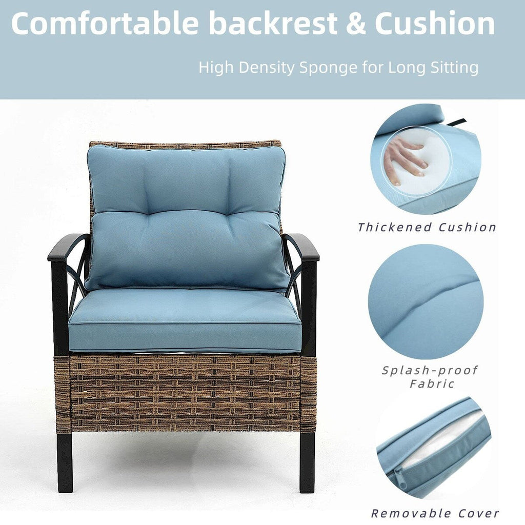 Ensemble de meubles de jardin en rotin 4 pièces, coussins épais et table d'appoint : 1 table, 2 chaises simples et 1 causeuse.