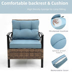 Ensemble de meubles de jardin en rotin 4 pièces, coussins épais et table d'appoint : 1 table, 2 chaises simples et 1 causeuse.