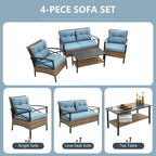 Ensemble de meubles de jardin en rotin 4 pièces, coussins épais et table d'appoint : 1 table, 2 chaises simples et 1 causeuse.