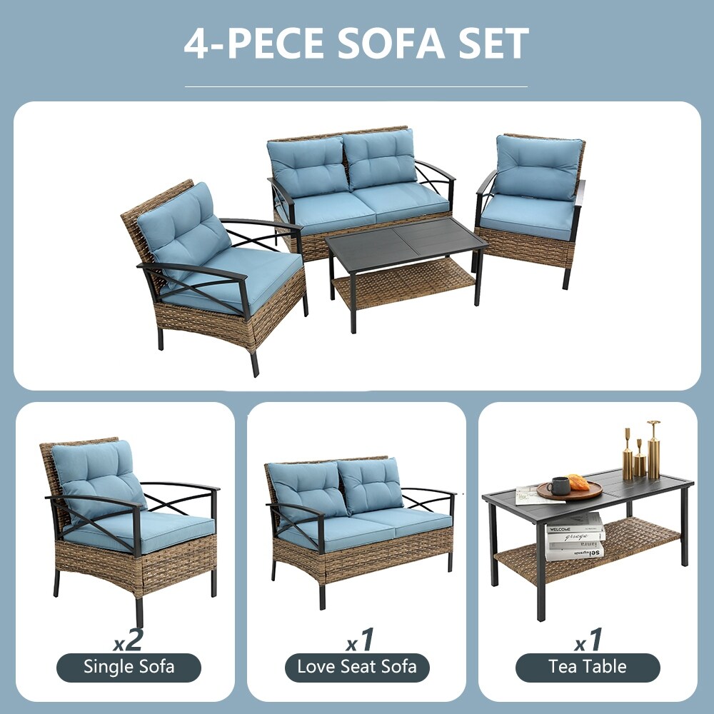 Ensemble de meubles de jardin en rotin 4 pièces, coussins épais et table d'appoint : 1 table, 2 chaises simples et 1 causeuse.