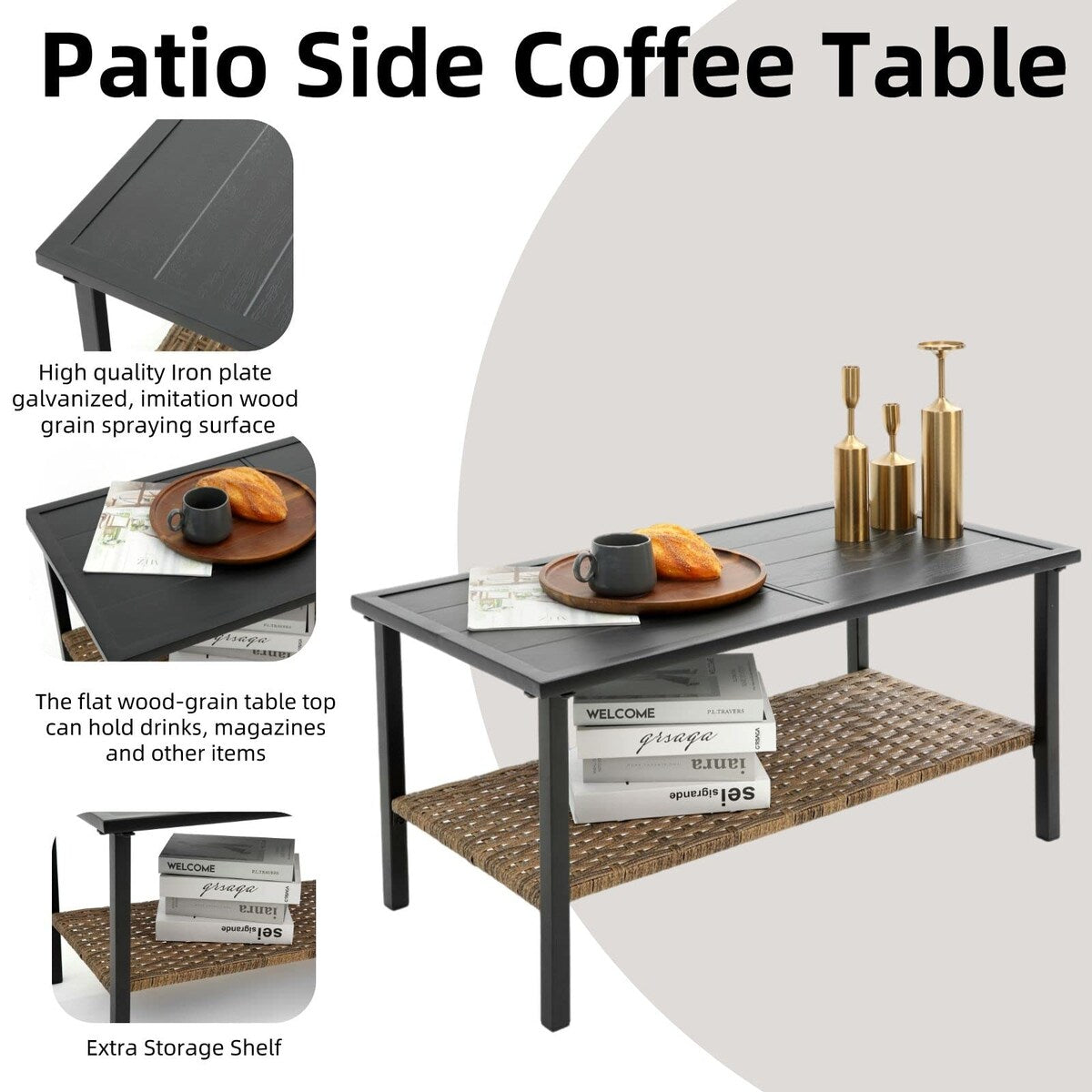 Ensemble de meubles de jardin en rotin 4 pièces, coussins épais et table d'appoint : 1 table, 2 chaises simples et 1 causeuse.