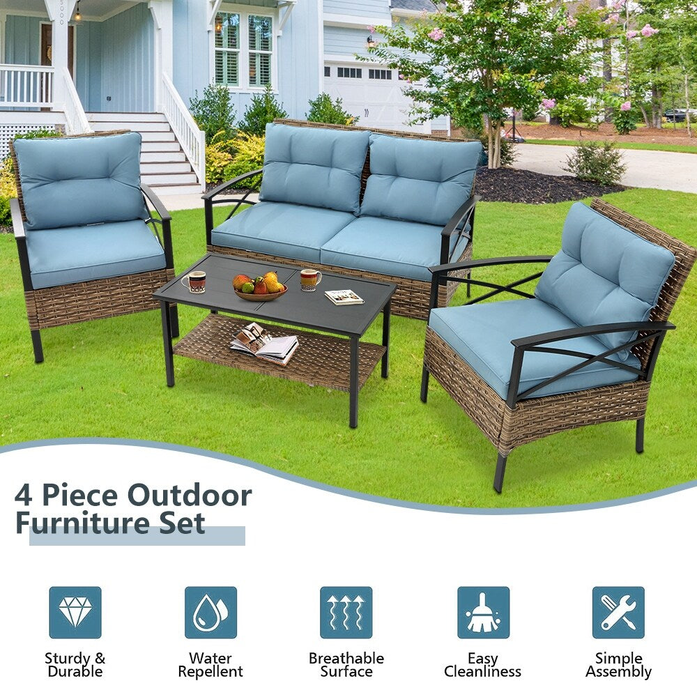 Ensemble de meubles de jardin en rotin 4 pièces, coussins épais et table d'appoint : 1 table, 2 chaises simples et 1 causeuse.