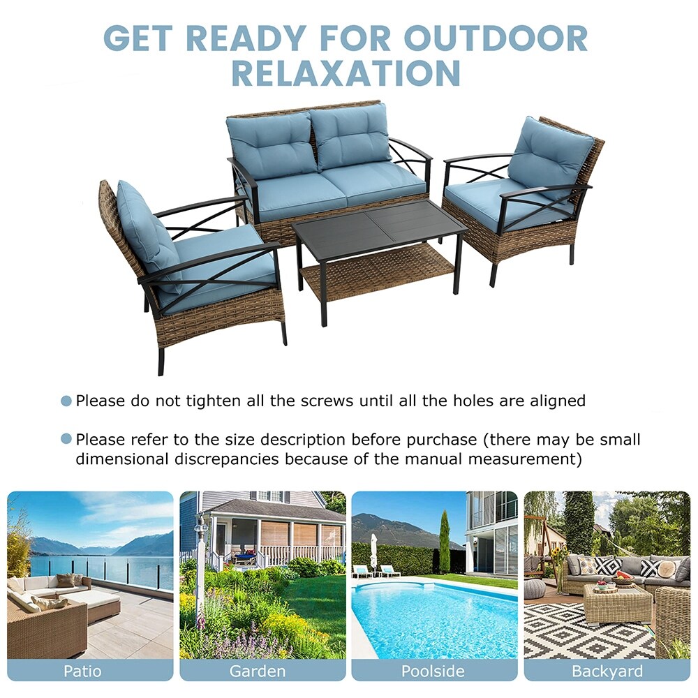 Ensemble de meubles de jardin en rotin 4 pièces, coussins épais et table d'appoint : 1 table, 2 chaises simples et 1 causeuse.