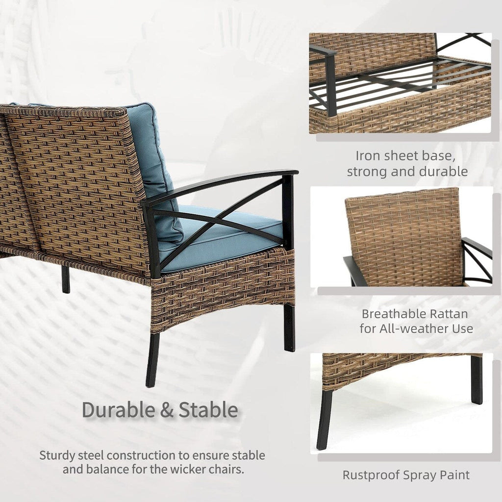 Ensemble de meubles de jardin en rotin 4 pièces, coussins épais et table d'appoint : 1 table, 2 chaises simples et 1 causeuse.