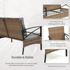 Ensemble de meubles de jardin en rotin 4 pièces, coussins épais et table d'appoint : 1 table, 2 chaises simples et 1 causeuse.