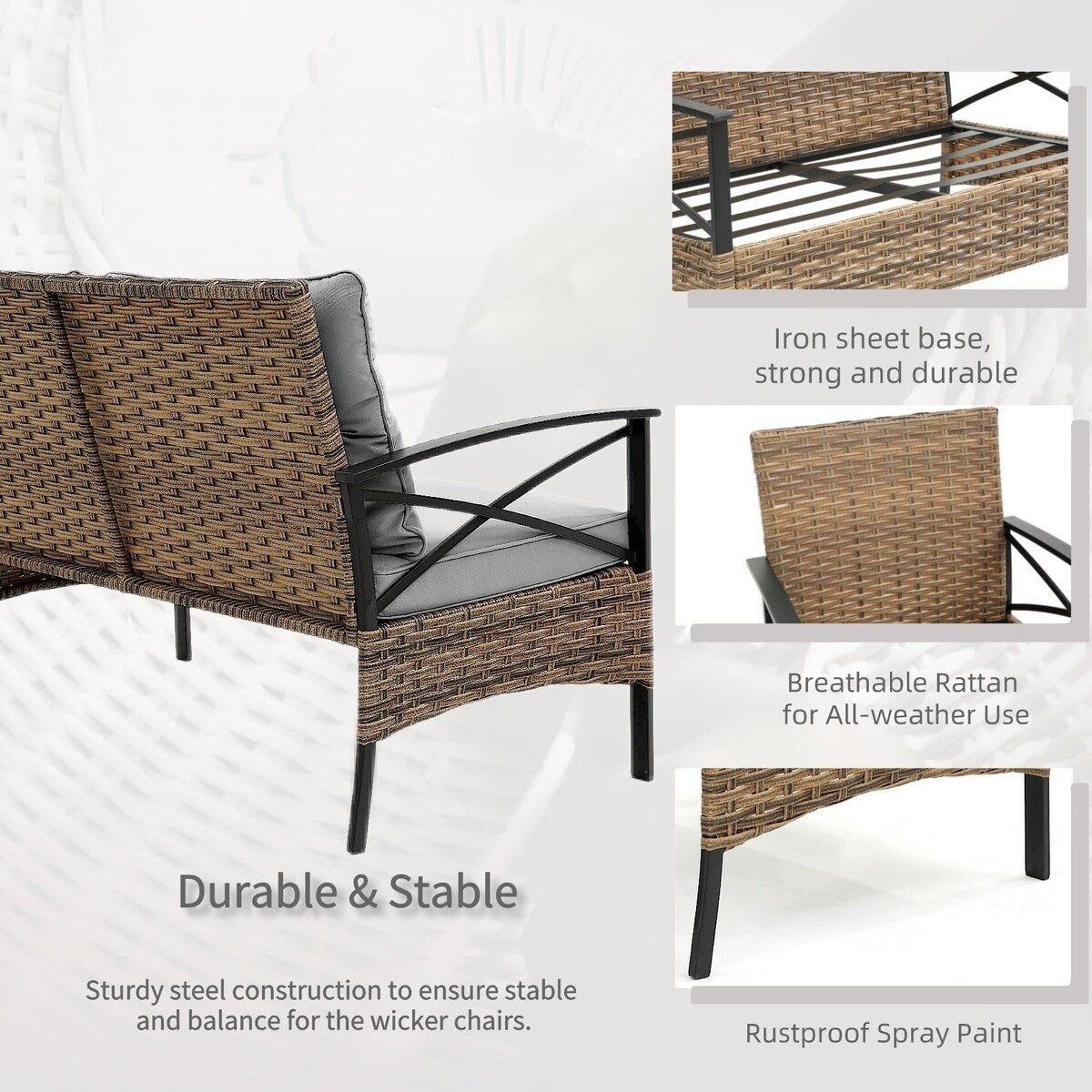 Ensemble de meubles de jardin en rotin 4 pièces, coussins épais et table d'appoint : 1 table, 2 chaises simples et 1 causeuse.