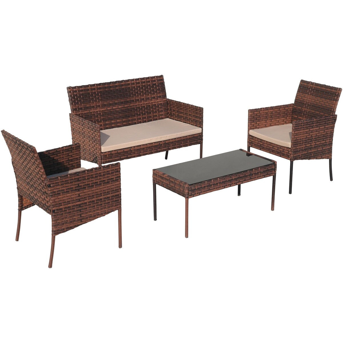 Ensemble de meubles de patio extérieur en osier 4 pièces avec table, causeuse et 2 chaises