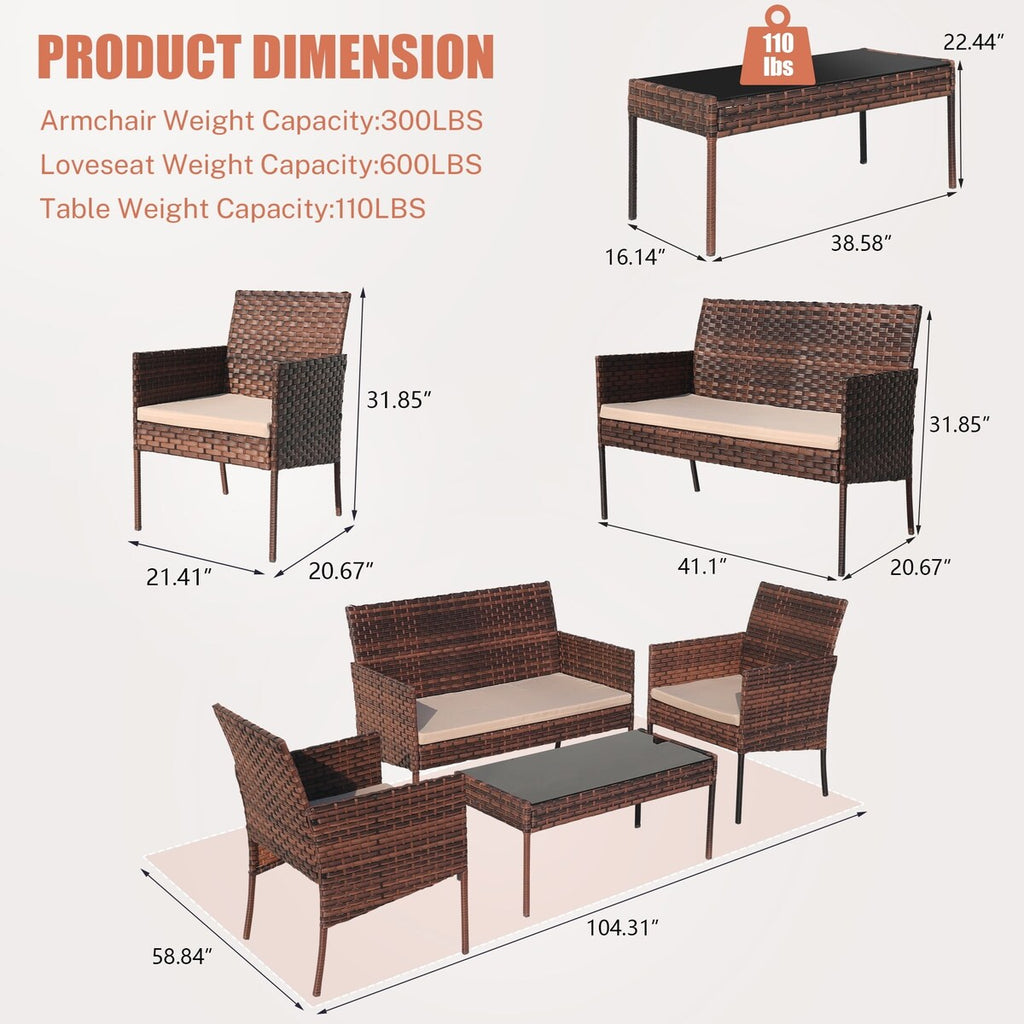 Ensemble de meubles de patio extérieur en osier 4 pièces avec table, causeuse et 2 chaises