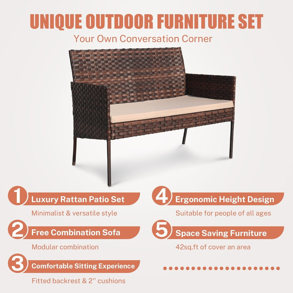 Ensemble de meubles de patio extérieur en osier 4 pièces avec table, causeuse et 2 chaises