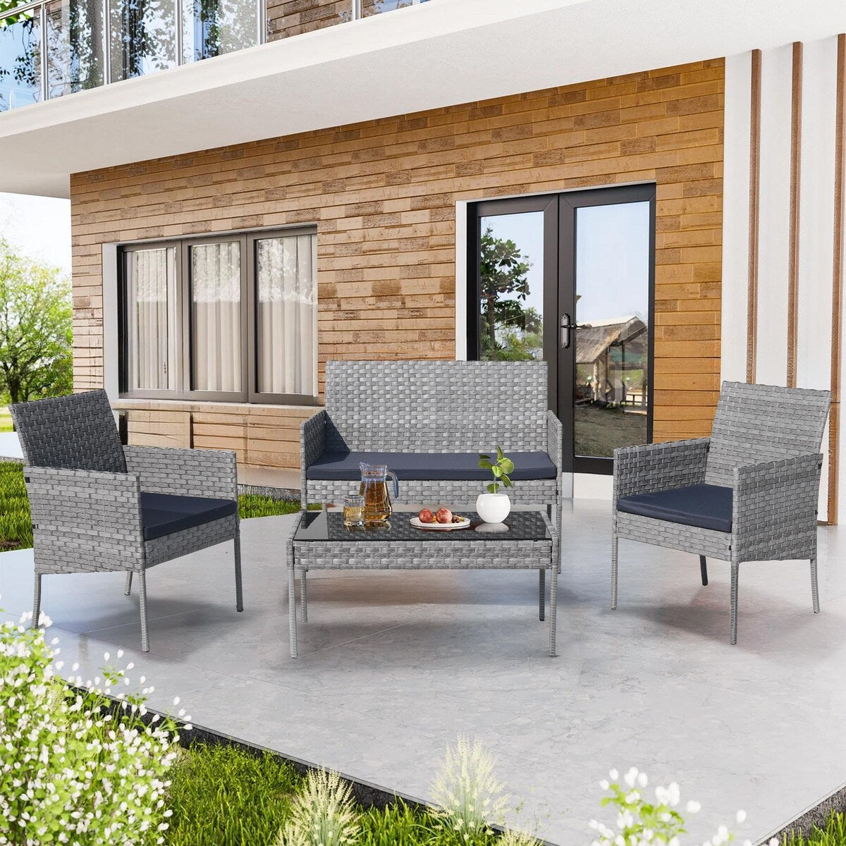 Ensemble de meubles de patio extérieur en osier 4 pièces avec table, causeuse et 2 chaises