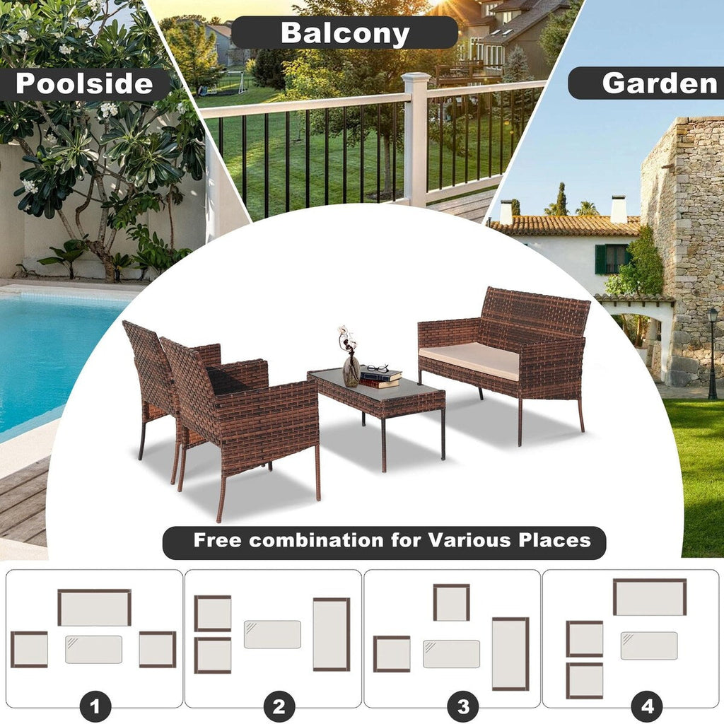 Ensemble de meubles de patio extérieur en osier 4 pièces avec table, causeuse et 2 chaises