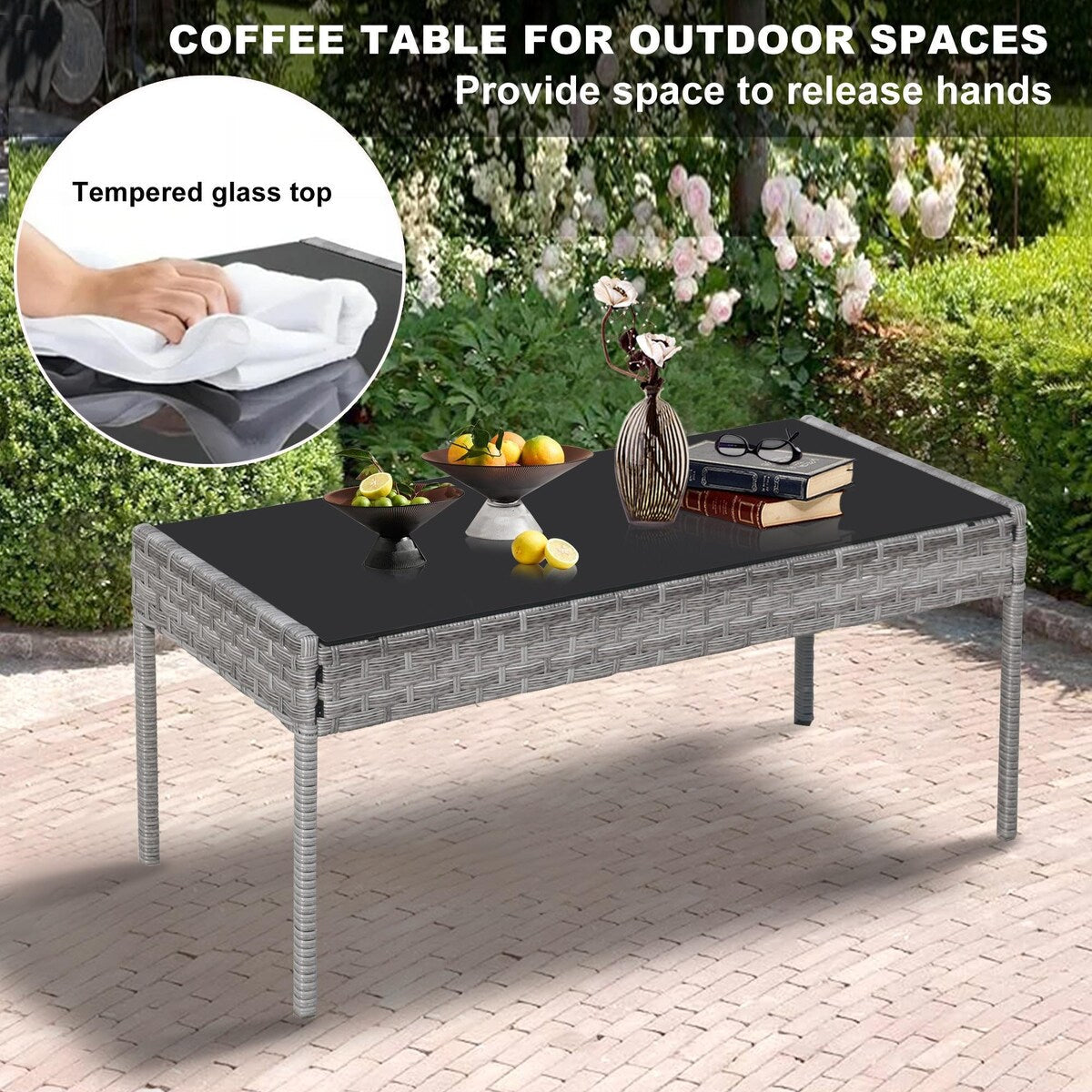 Ensemble de meubles de patio extérieur en osier 4 pièces avec table, causeuse et 2 chaises