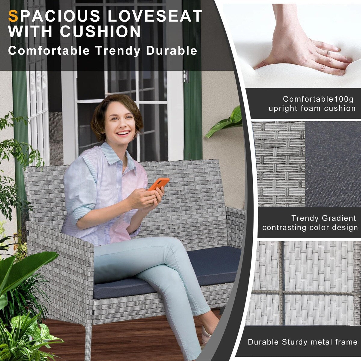 Ensemble de meubles de patio extérieur en osier 4 pièces avec table, causeuse et 2 chaises