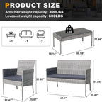 Ensemble de meubles de patio extérieur en osier 4 pièces avec table, causeuse et 2 chaises