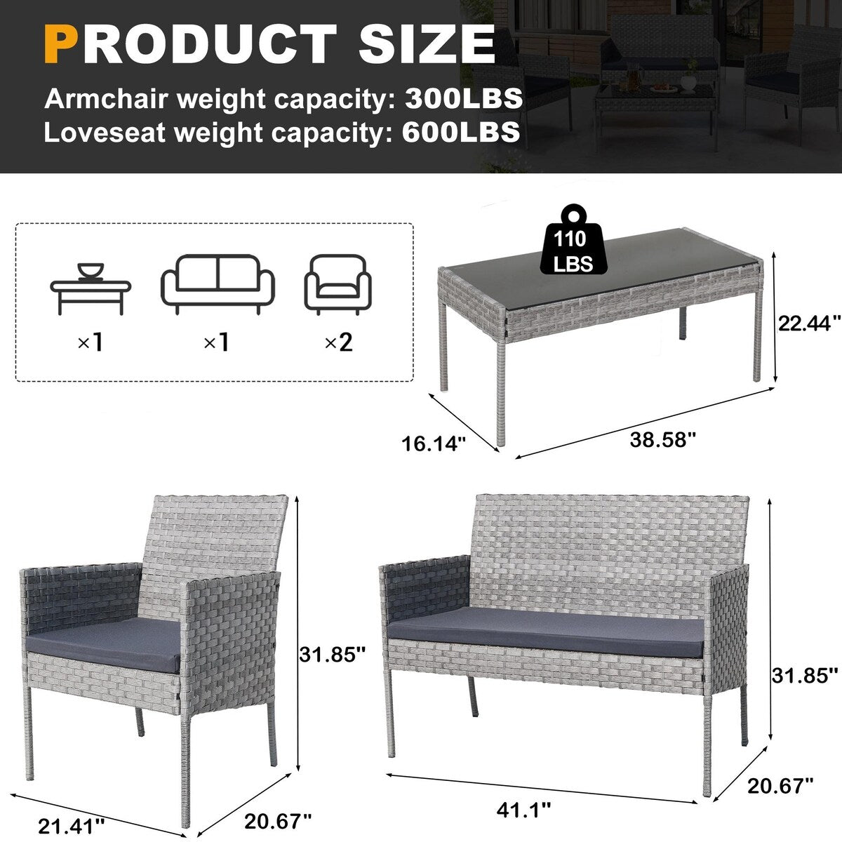 Ensemble de meubles de patio extérieur en osier 4 pièces avec table, causeuse et 2 chaises