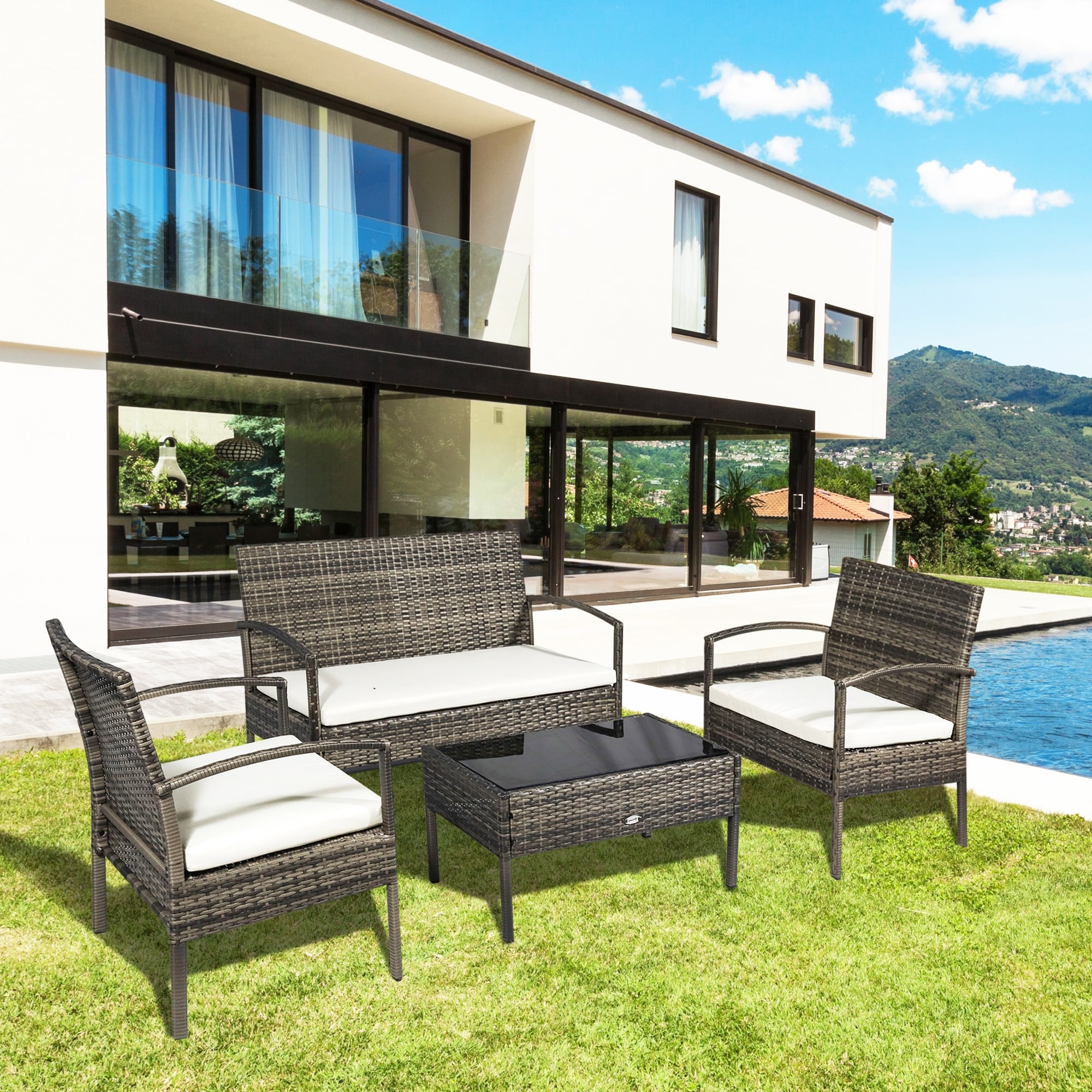 Ensemble de conversation pour patio extérieur en rotin et osier, 4 pièces