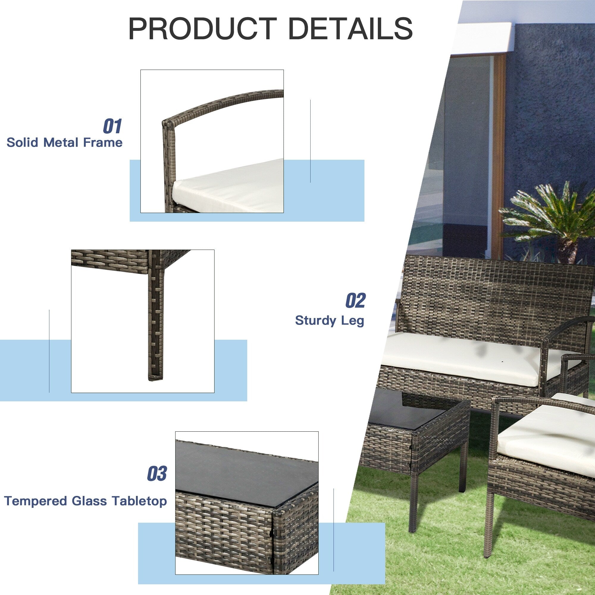 Ensemble de conversation pour patio extérieur en rotin et osier, 4 pièces